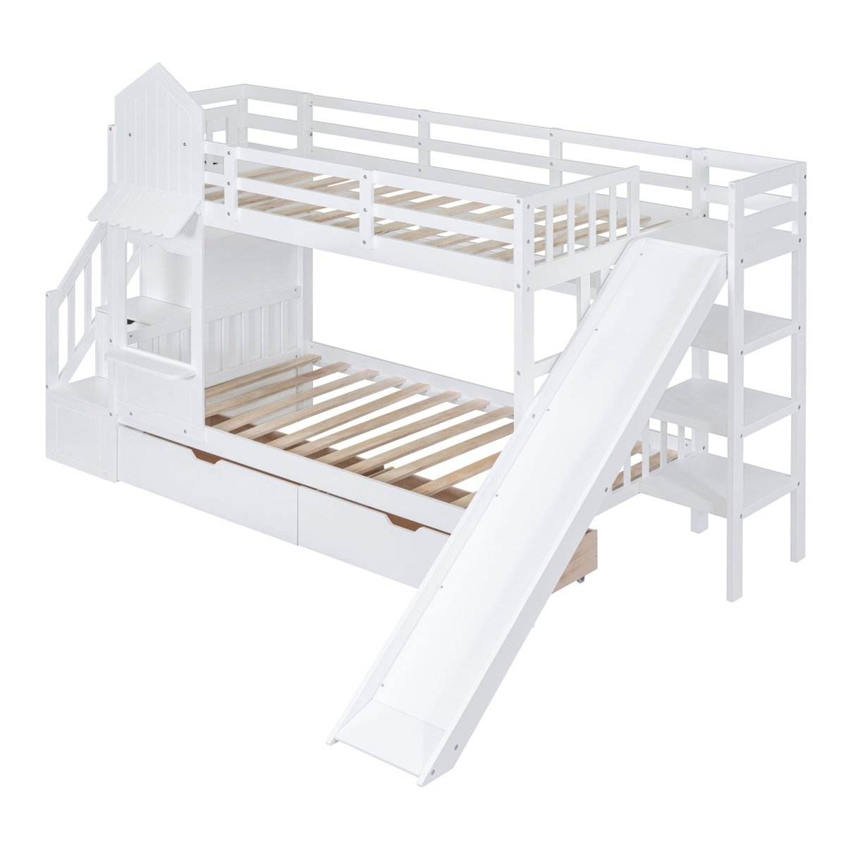 Twin-Over-Twin Solid Wood Castle Style Bunk Bed With Slide - Sleep Galleria