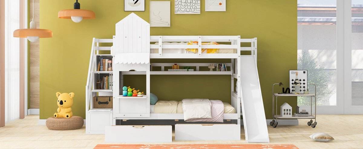 Twin-Over-Twin Solid Wood Castle Style Bunk Bed With Slide - Sleep Galleria