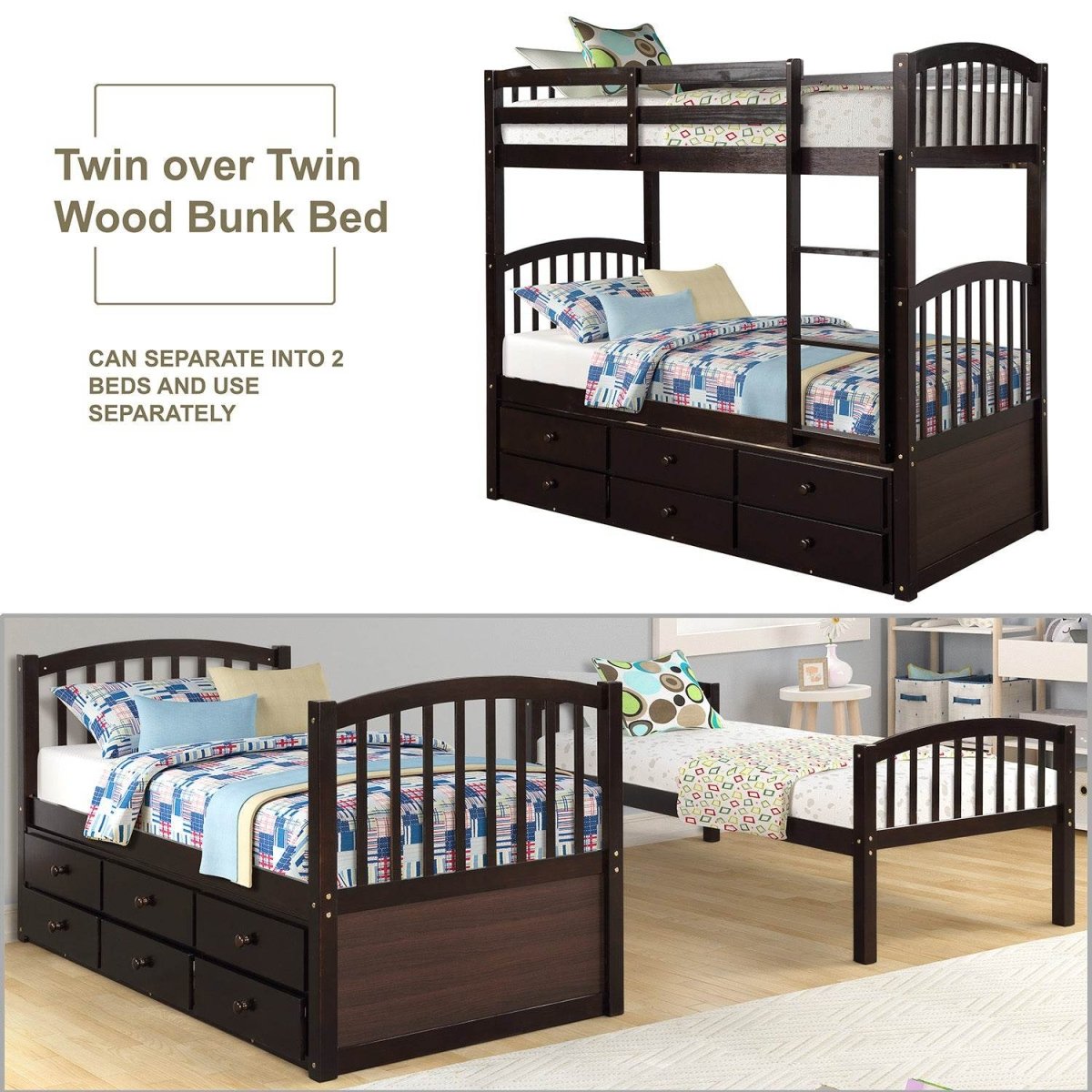 Twin - Over - Twin Solid Wood Espresso Bunk Bed With Trundle - Restanew - Omega Lifestyles