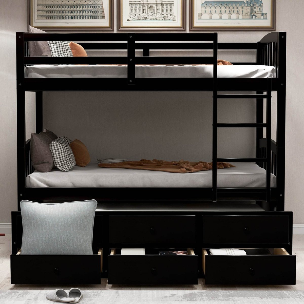 Twin - Over - Twin Solid Wood Espresso Bunk Bed With Trundle - Restanew - Omega Lifestyles