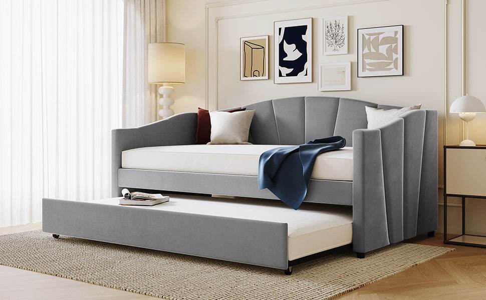 Upholstered Twin Daybed With Trundle And Wood Slats - Sleep Galleria