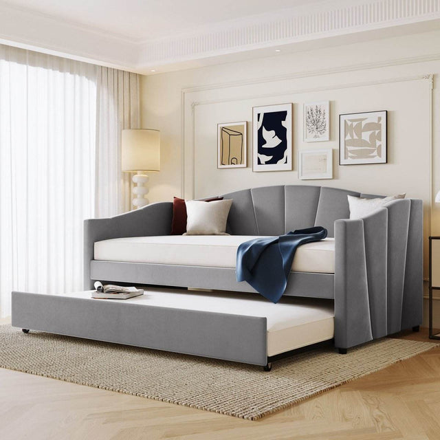 Upholstered Twin Daybed With Trundle and Wood Slats - Sleep Galleria