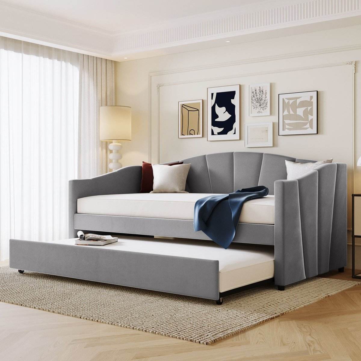 Upholstered Twin Daybed With Trundle And Wood Slats - Sleep Galleria