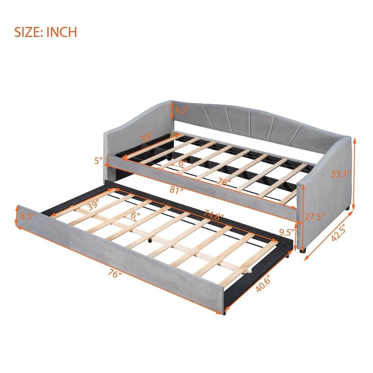 Upholstered Twin Daybed With Trundle And Wood Slats - Sleep Galleria