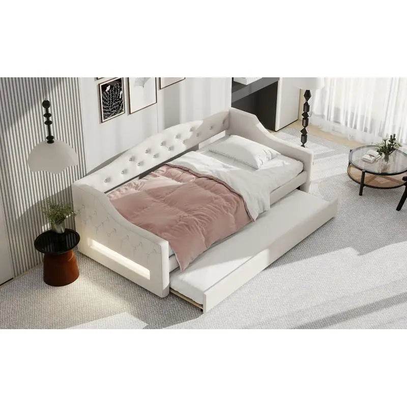 Upholstered Twin XL Daybed With LED Belt And Trundle - Sleep Galleria