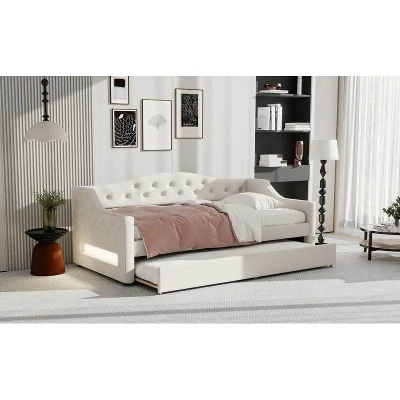 Upholstered Twin XL Daybed With LED Belt And Trundle - Sleep Galleria