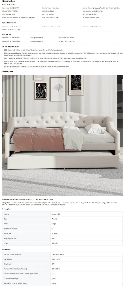Upholstered Twin XL Daybed With LED Belt And Trundle - Sleep Galleria