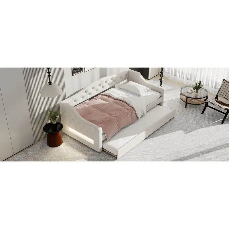 Upholstered Twin XL Daybed With LED Belt And Trundle - Sleep Galleria