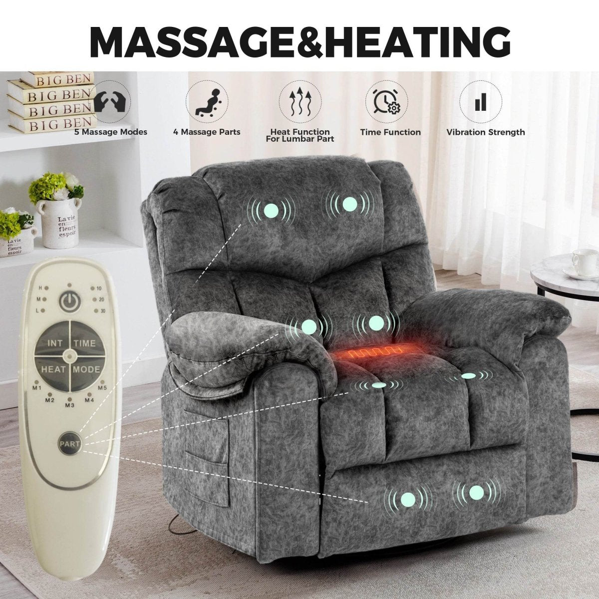 Velvet Manual Recliner Chair With Massage Heating - Restanew - Omega Lifestyles