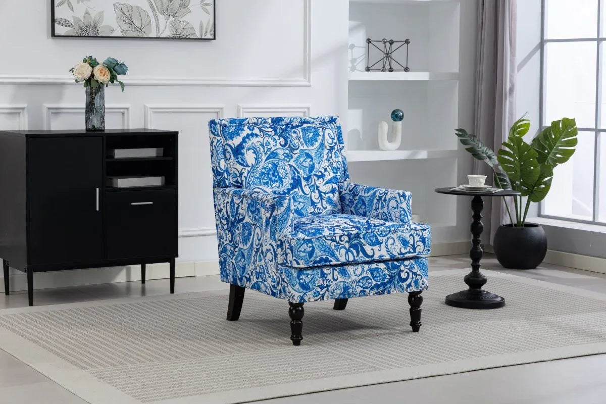 Vintage Blue White Striped Upholstered Cotton Linen Accent Chair - Omega Lifestyles