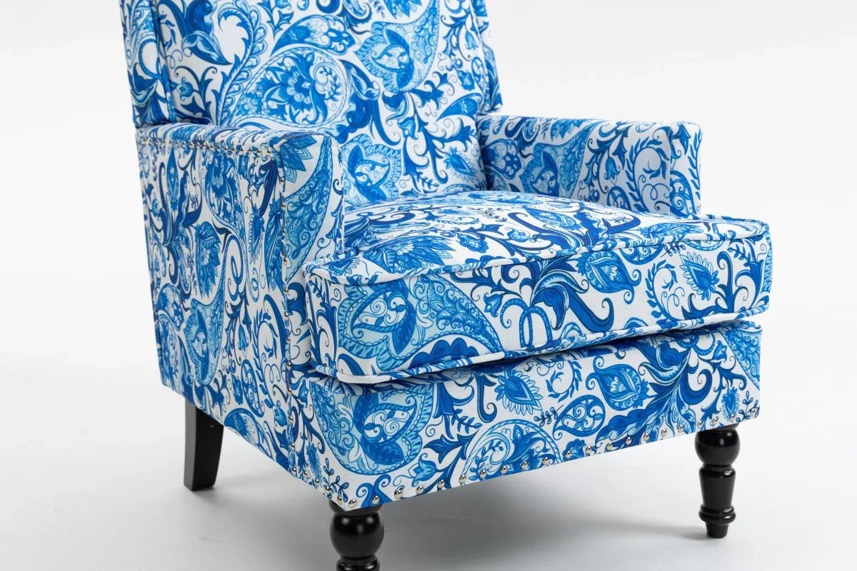 Vintage Blue White Striped Upholstered Cotton Linen Accent Chair - Omega Lifestyles