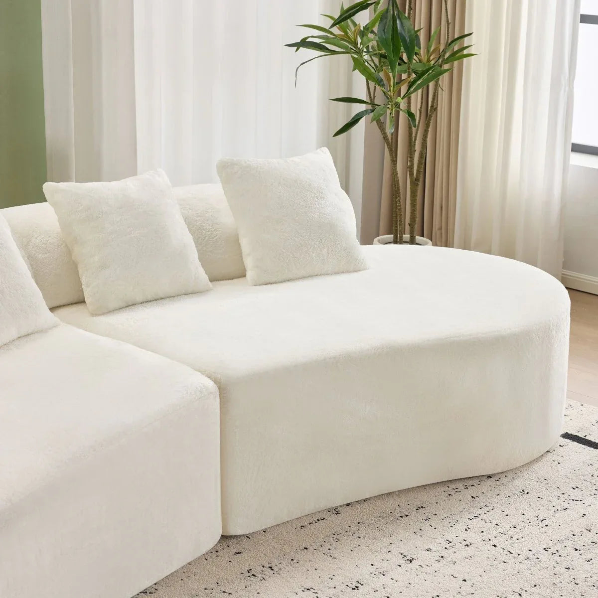 White Plush Curved Velvet 4-Seat Sofa - Omega Lifestyles