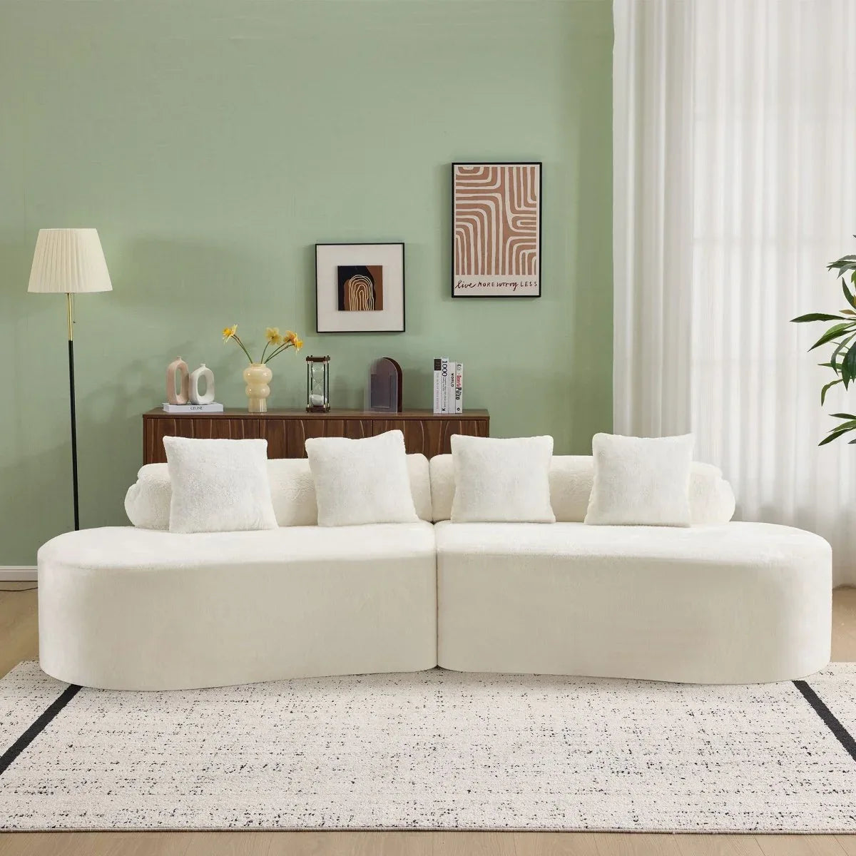 White Plush Curved Velvet 4-Seat Sofa - Omega Lifestyles
