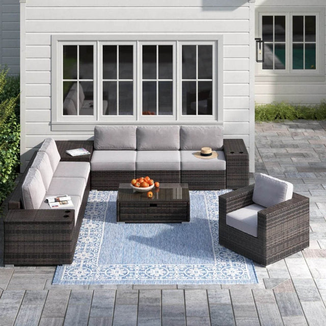 11-Piece Outdoor Espresso Wicker Sectional Seating Set With Cushions - Omega Lifestyles