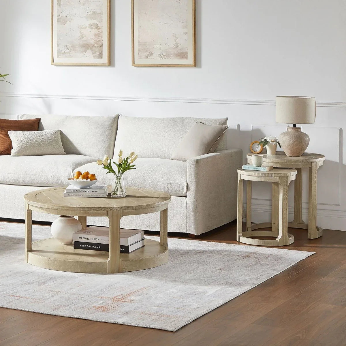 2-Piece Mid Century Rustic Oak Round Side Table Set - Omega Lifestyles