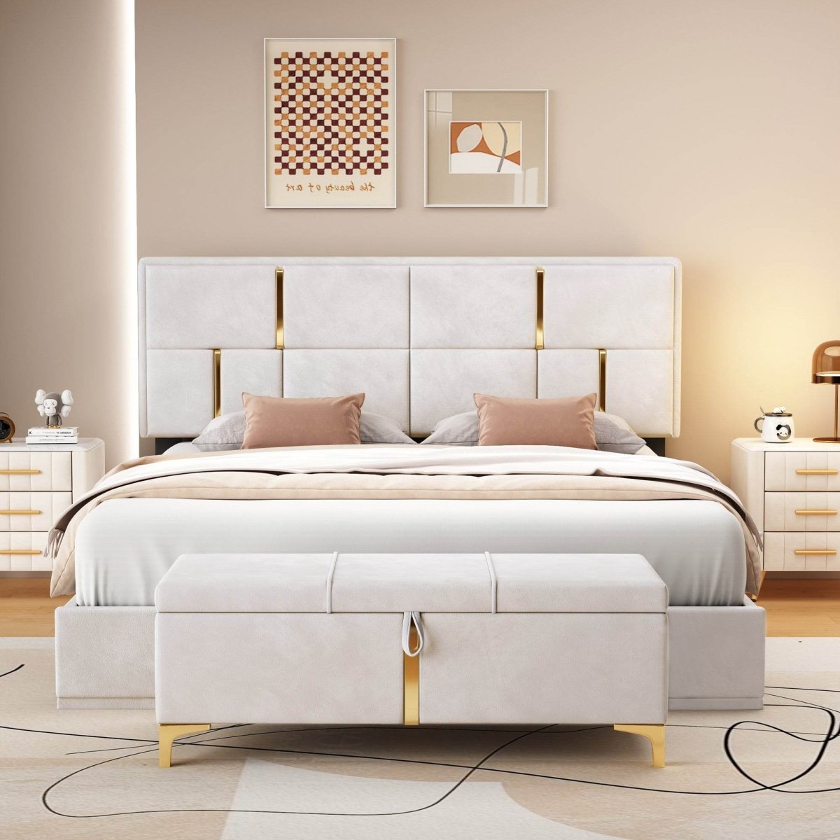 2-Piece Queen Upholstered Platform Bed With Ottoman Storage - Omega Lifestyles