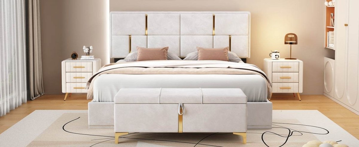 2-Piece Queen Upholstered Platform Bed With Ottoman Storage - Omega Lifestyles