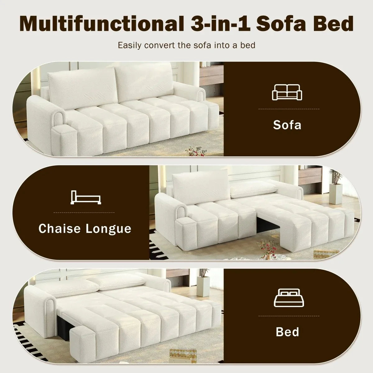 3-In-1 Convertible Teddy Fabric Sleeper Sofa Bed - Omega Lifestyles