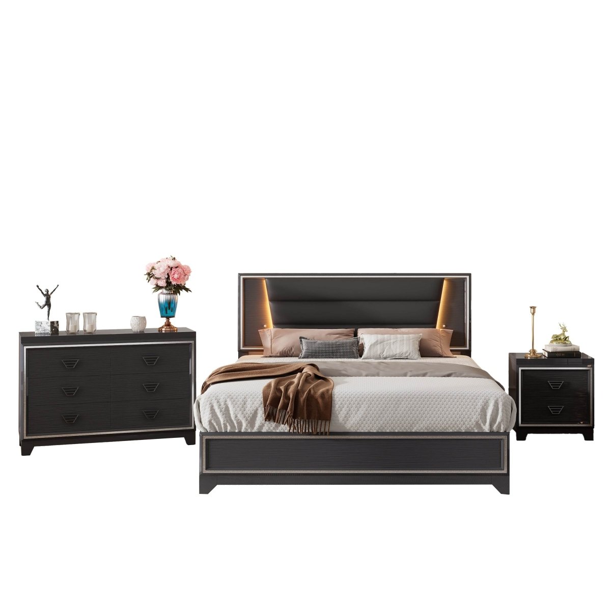 3-Piece Upholstered Bed Frame Nightstand Dresser Set - Omega Lifestyles