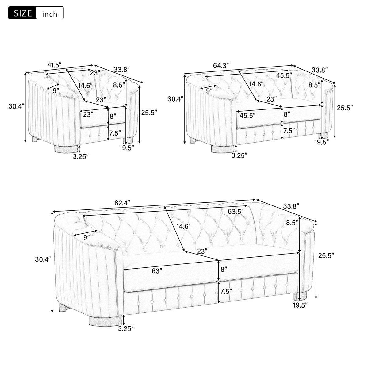 3-Piece Velvet Sofa Set With Rubber Wood Legs - Sleep Galleria