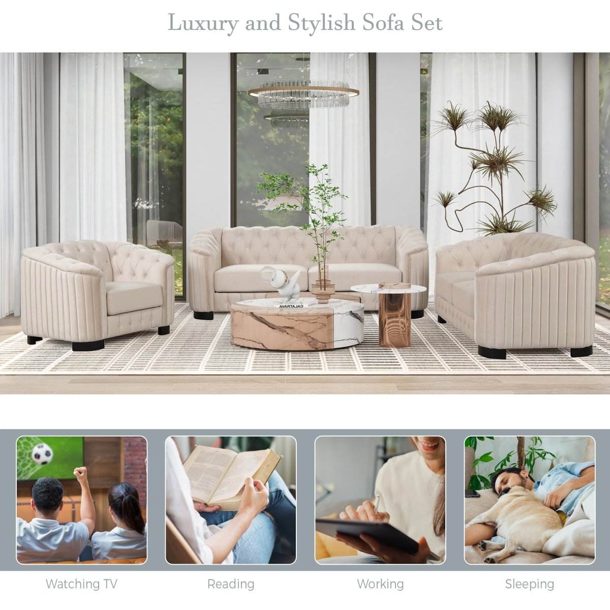 3-Piece Velvet Sofa Set With Rubber Wood Legs - Sleep Galleria