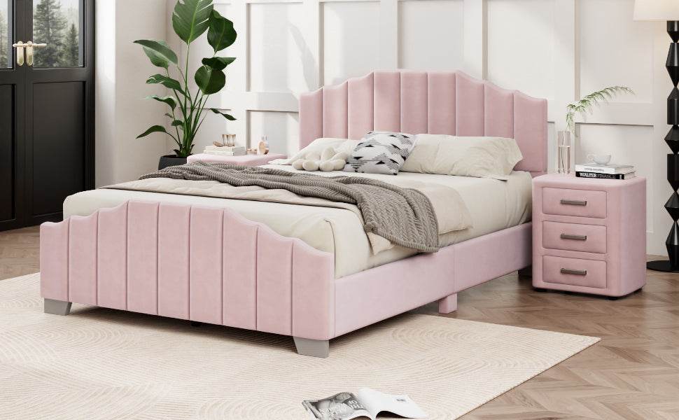 3 Piece Velvet Upholstered Platform Bed Frame Set - Omega Lifestyles