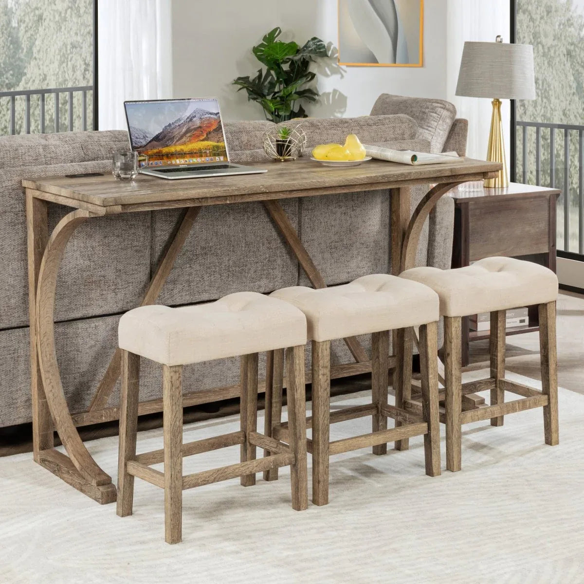 4-Piece Brown Bar Table Set With Power Outlet And Stools - Omega Lifestyles