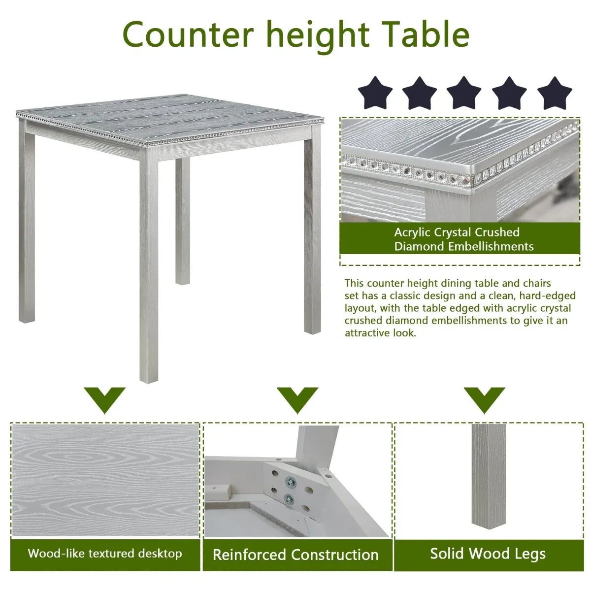 5-Piece Silver Grey Counter Height Dining Table Set - Omega Lifestyles