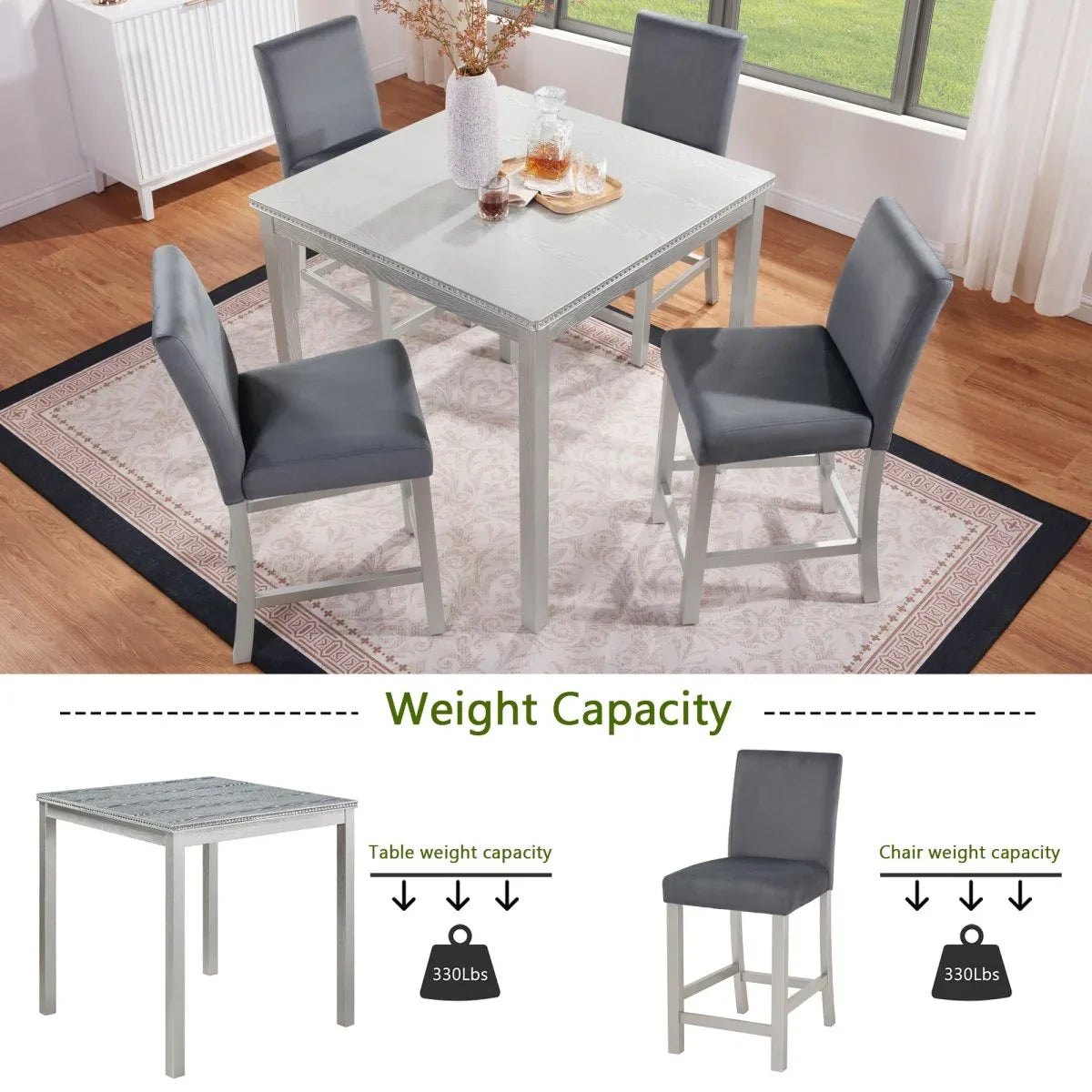 5-Piece Silver Grey Counter Height Dining Table Set - Omega Lifestyles