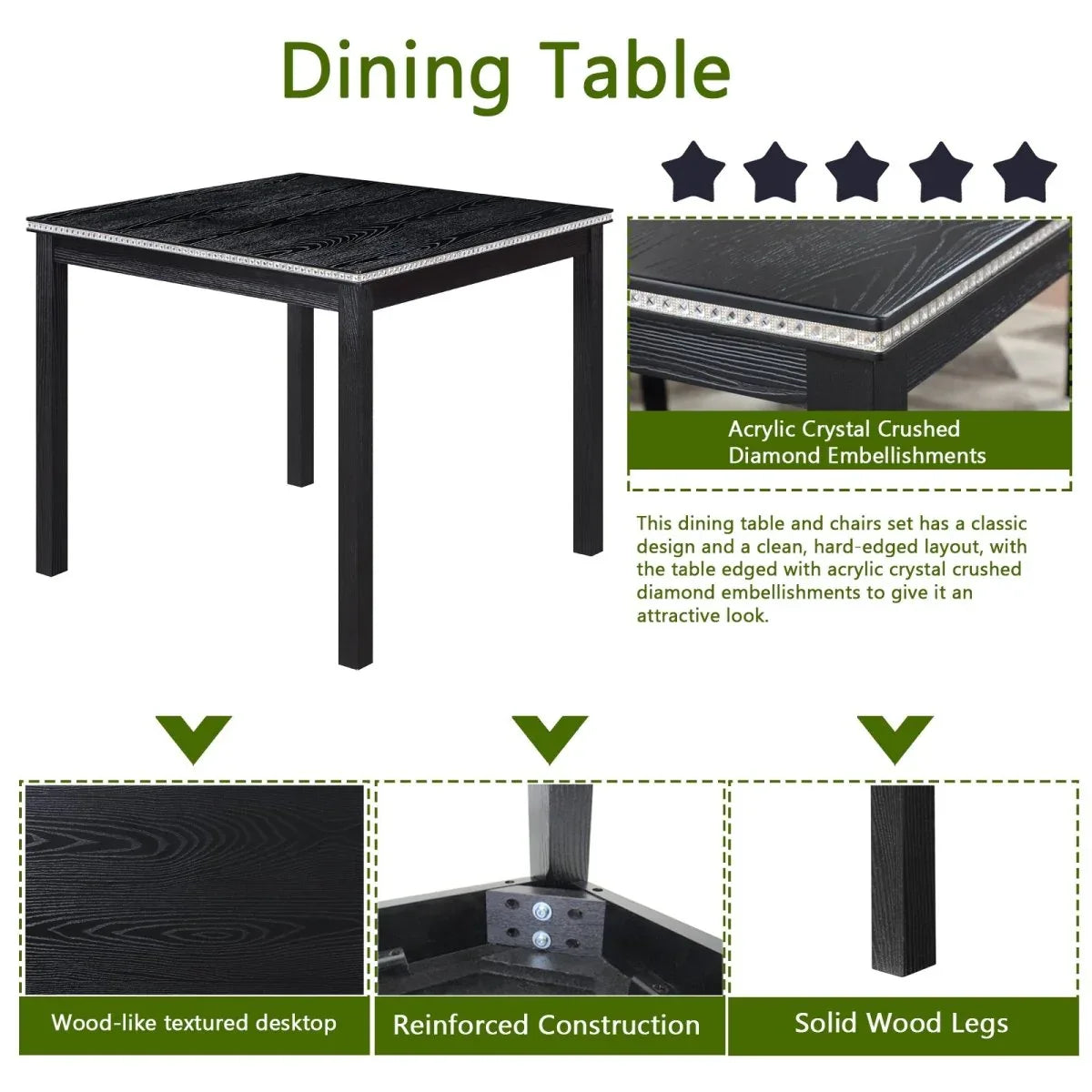 5-Piece Solid Wood Dining Table And Upholstered Chairs Set - Omega Lifestyles