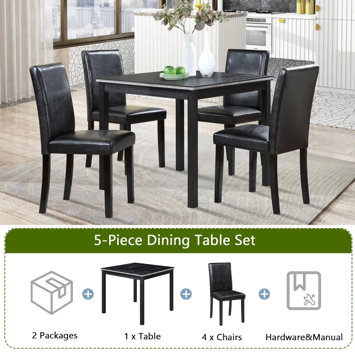 5-Piece Solid Wood Dining Table And Upholstered Chairs Set - Omega Lifestyles