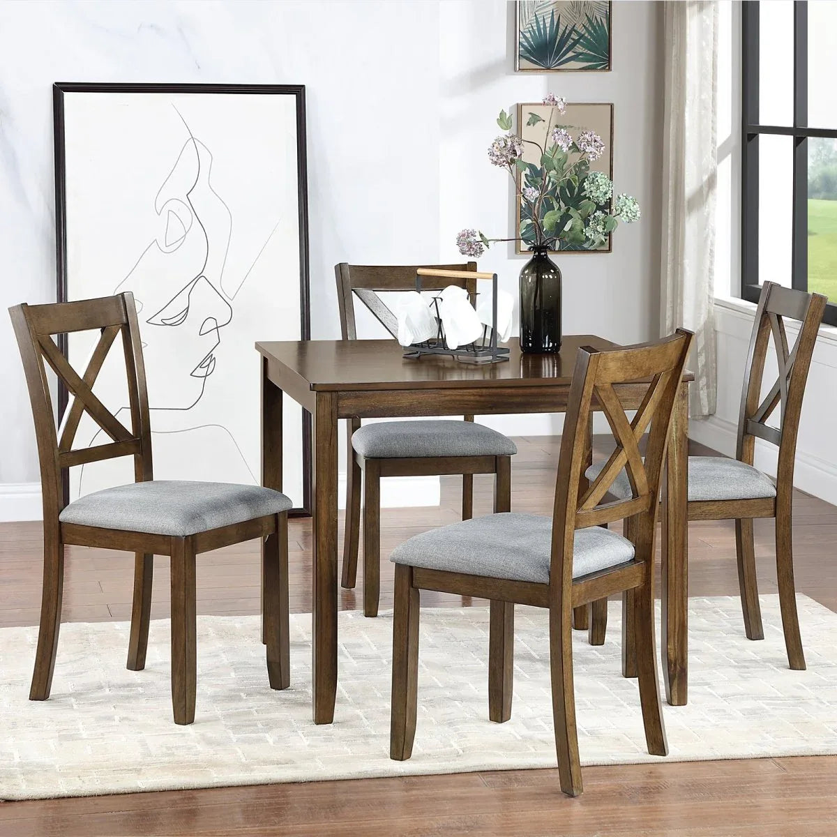 5-Piece Walnut Solid Wood Dining Table Set with Chairs - Omega Lifestyles