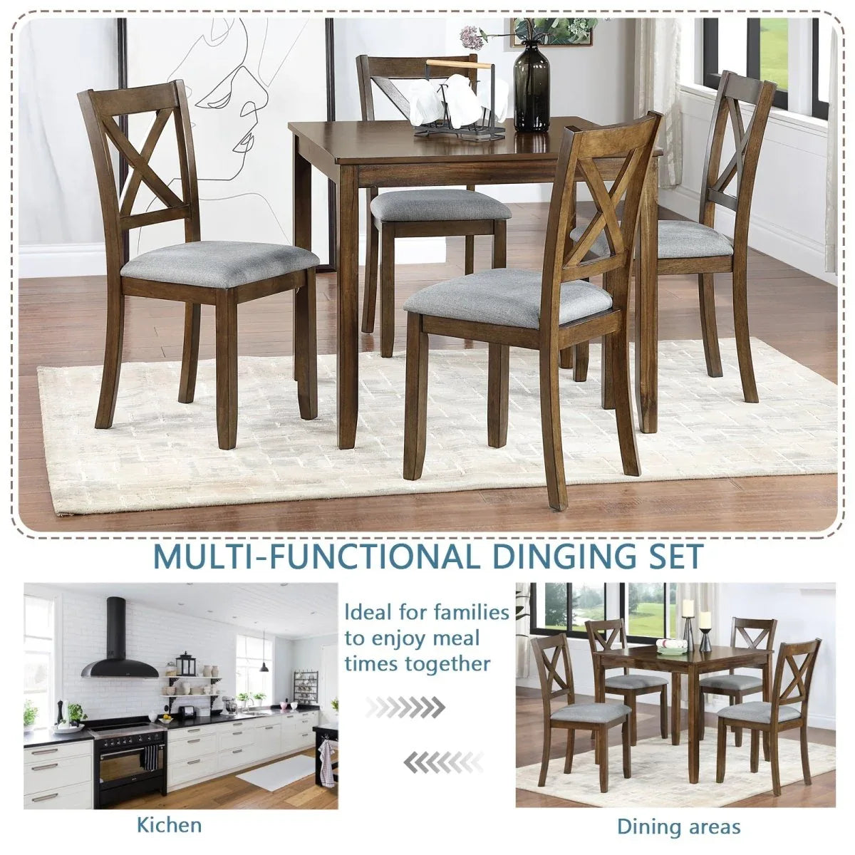 5-Piece Walnut Solid Wood Dining Table Set with Chairs - Omega Lifestyles