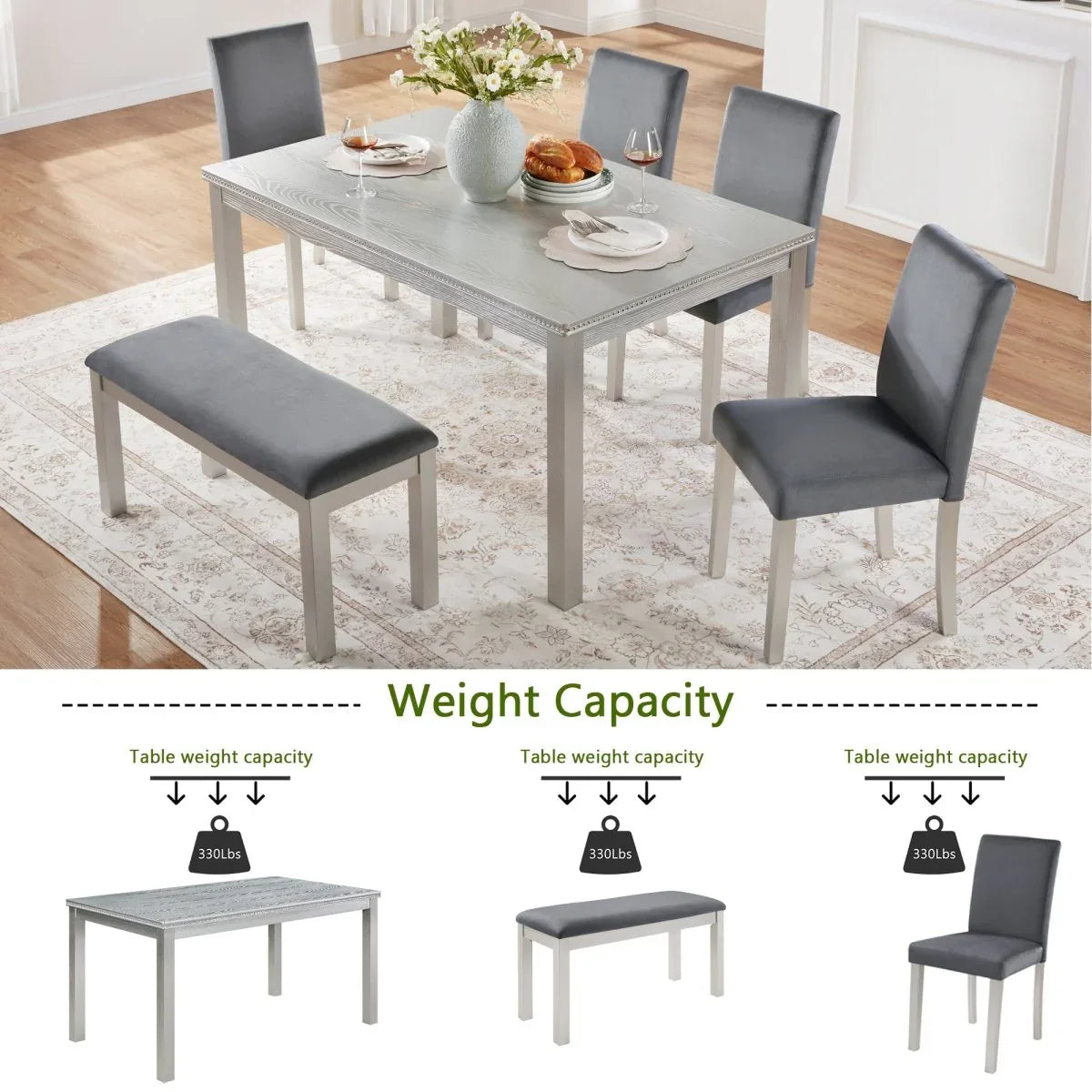 6-Piece Silver Grey Wooden Dining Table Set With Chairs - Omega Lifestyles