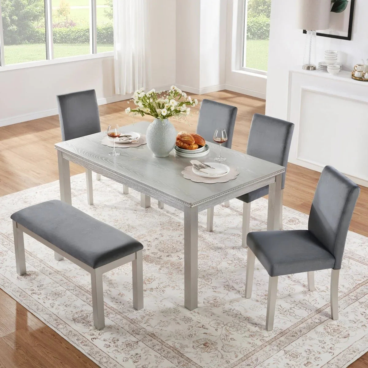 6-Piece Silver Grey Wooden Dining Table Set With Chairs - Omega Lifestyles