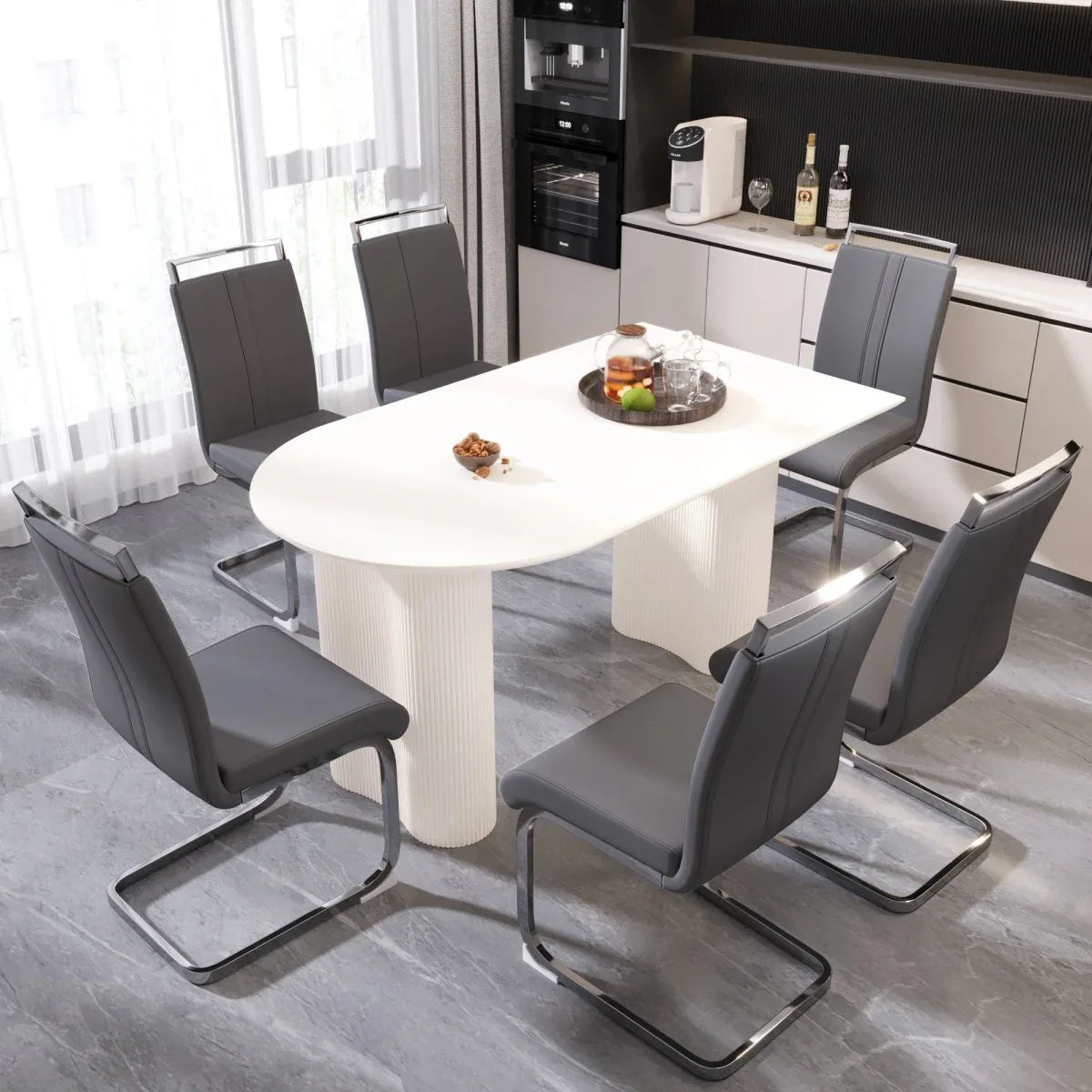 7-Piece Modern Cream MDF Dining Table And Chairs Set - Omega Lifestyles