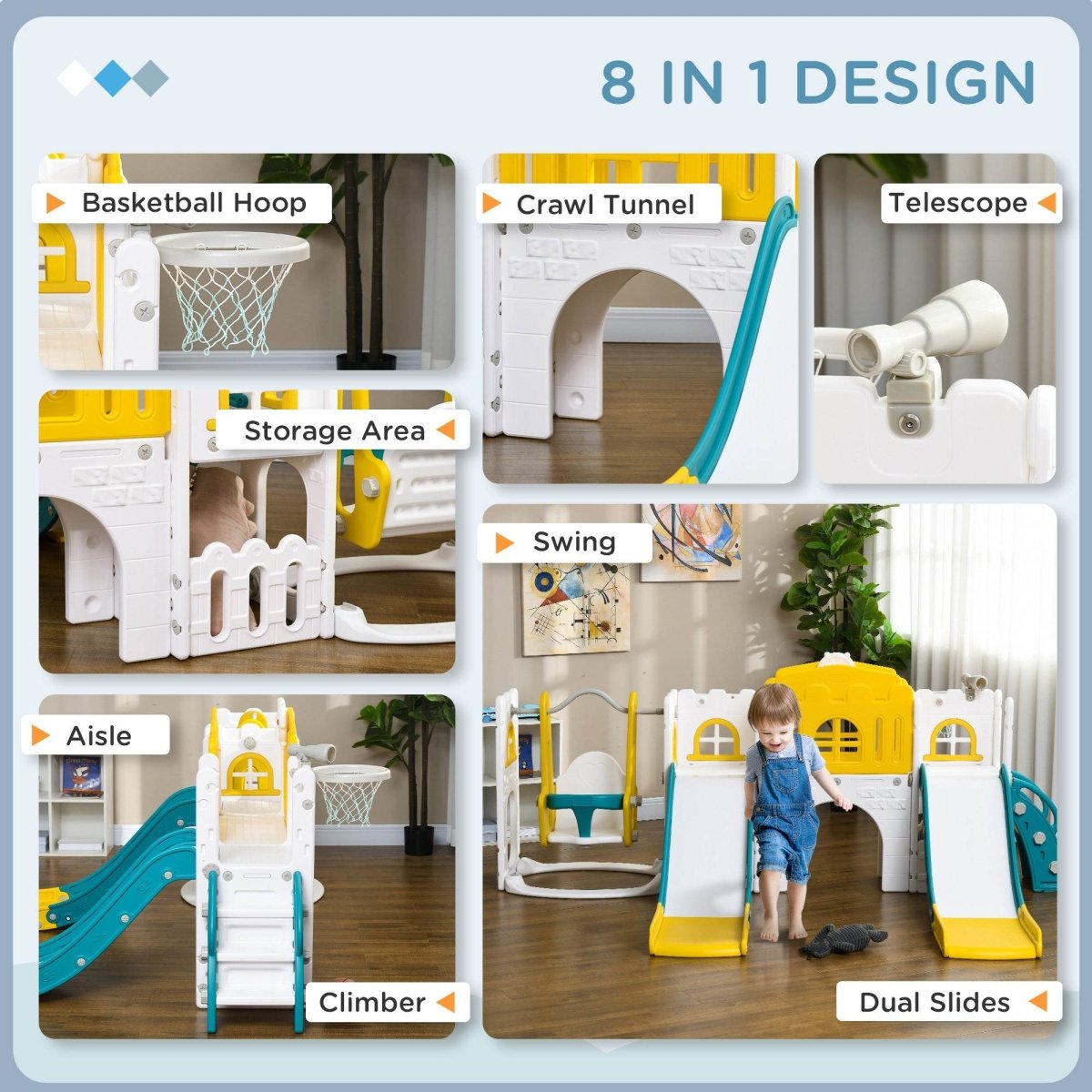 8 - in - 1 Toddler Slide Swing Set With Basketball Hoop - Serenova - Omega Lifestyles