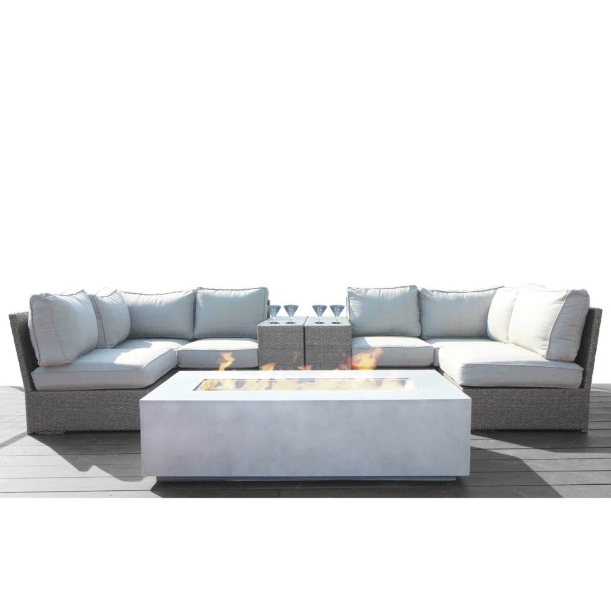 9 - Piece Outdoor Patio Seating Set With Fire Pit and Cushions - Serenova - Omega Lifestyles