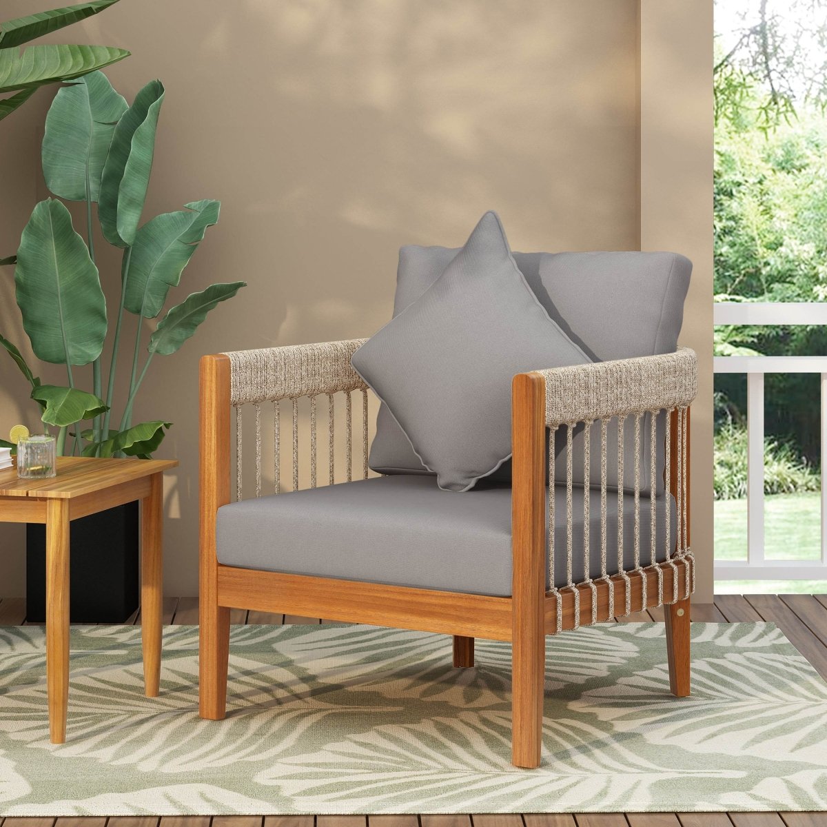 Acacia Wood Outdoor Club Chair With Handwoven Rope Accents - Sleep Galleria
