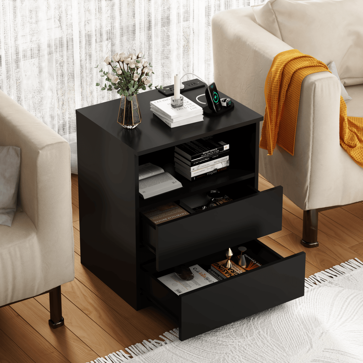 Black USB Charging End Table With Storage Drawers - Serenova - Omega Lifestyles