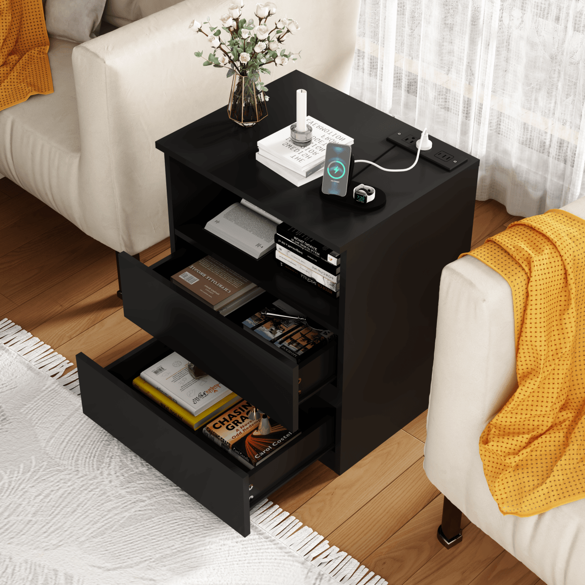 Black USB Charging End Table With Storage Drawers - Serenova - Omega Lifestyles