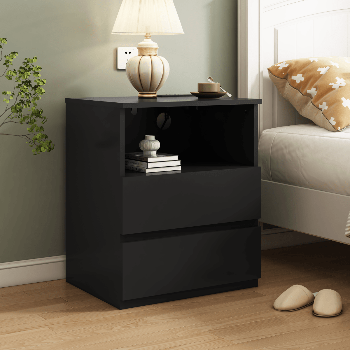 Black USB Charging End Table With Storage Drawers - Serenova - Omega Lifestyles