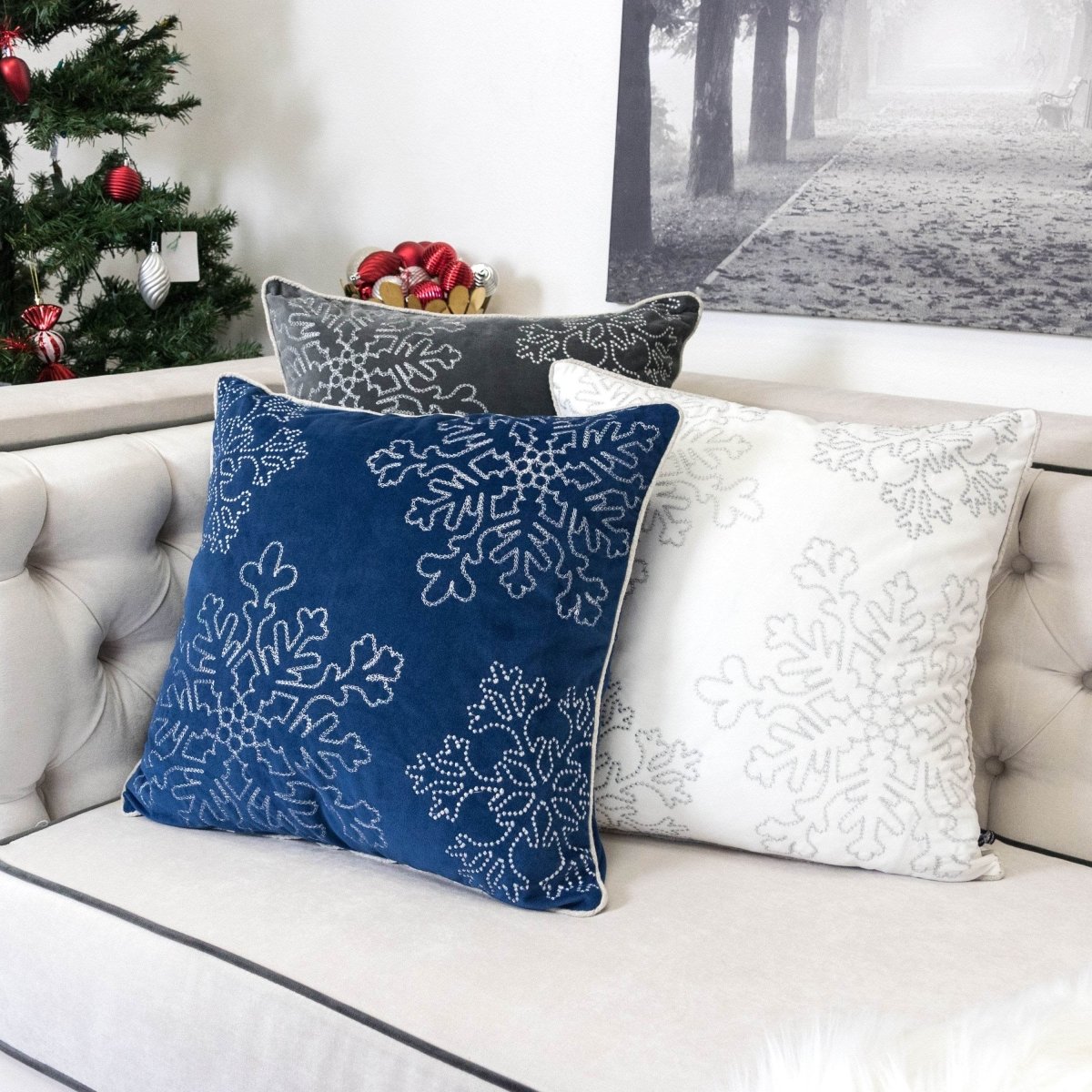 Blue Velvet Holiday Throw Pillow With Silver Snowflake Embroidery - Serenova - Omega Lifestyles