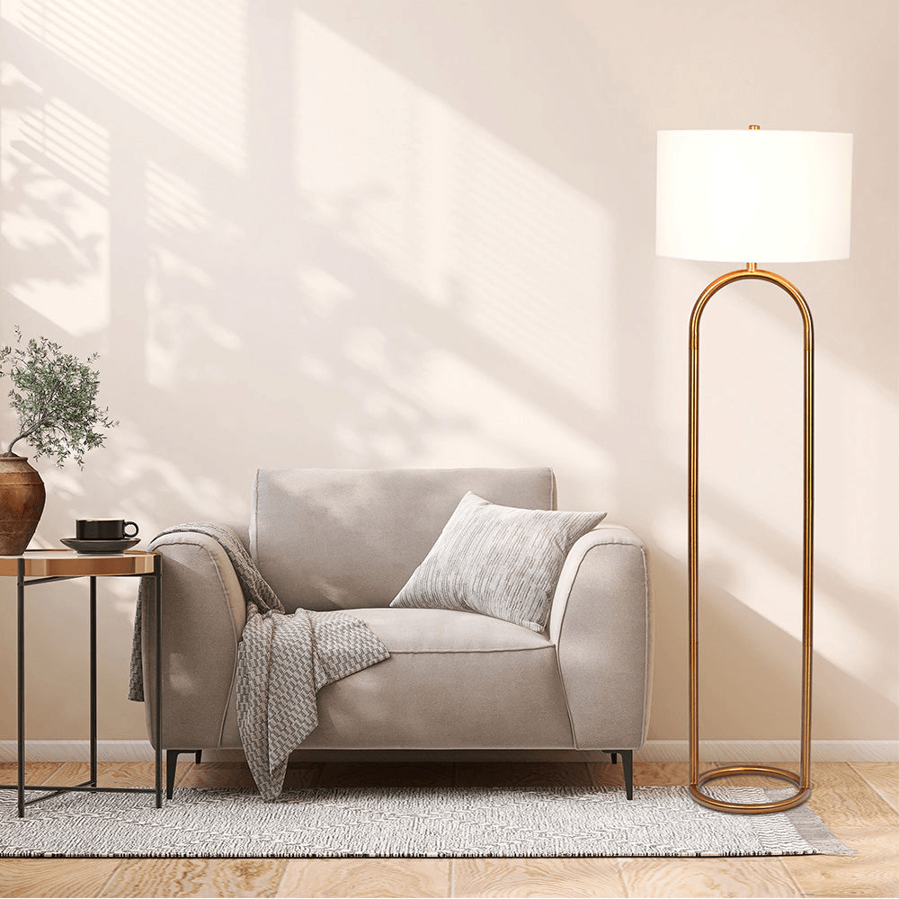 Brass Base Floor Lamp With Large White Drum Shade - Sleep Galleria