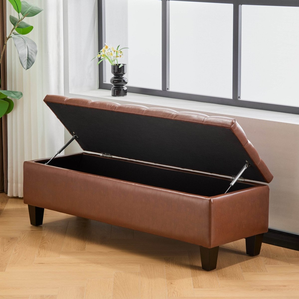 Brown PU Leather Storage Ottoman Bench With Foam Filling - Sleep Galleria