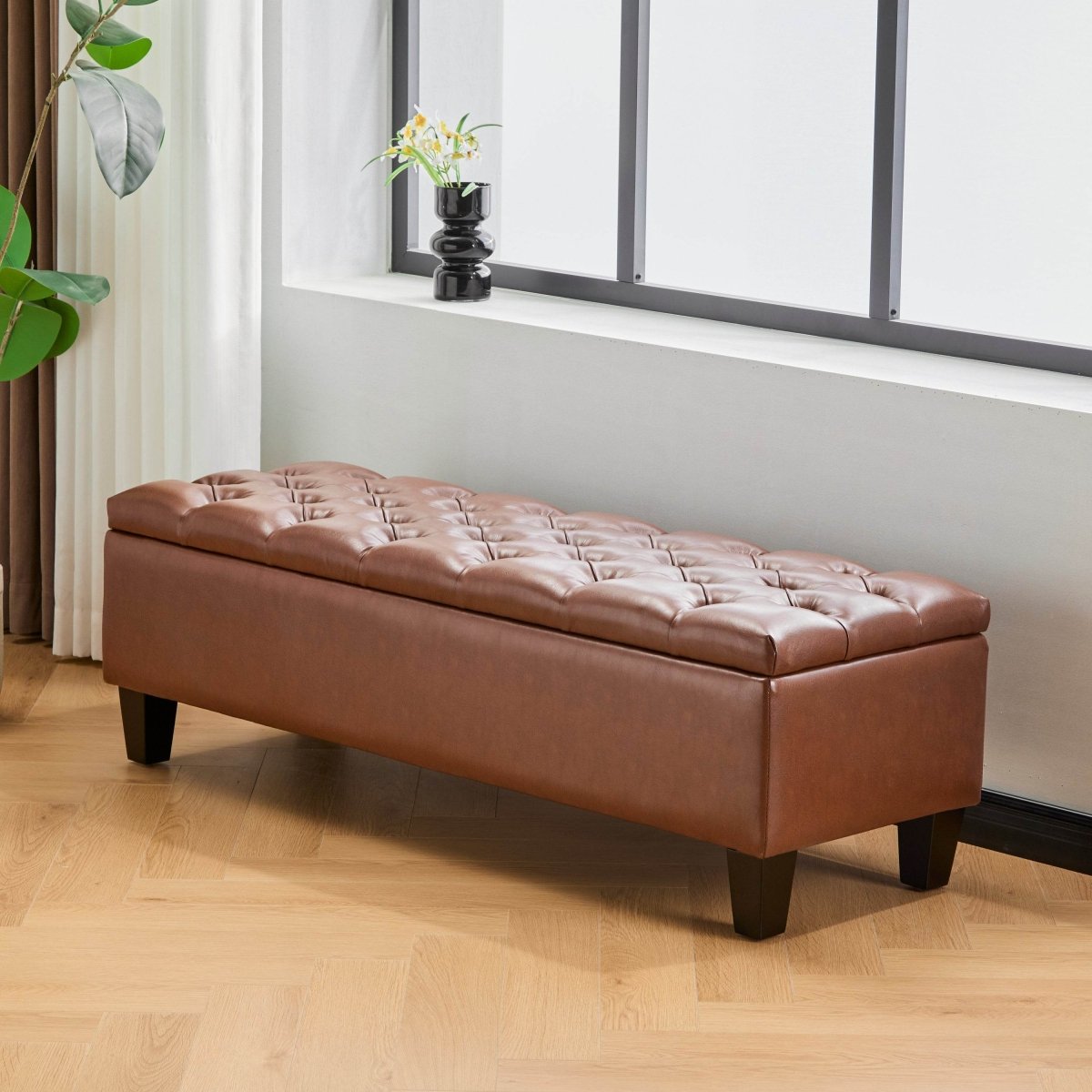 Brown PU Leather Storage Ottoman Bench With Foam Filling - Sleep Galleria