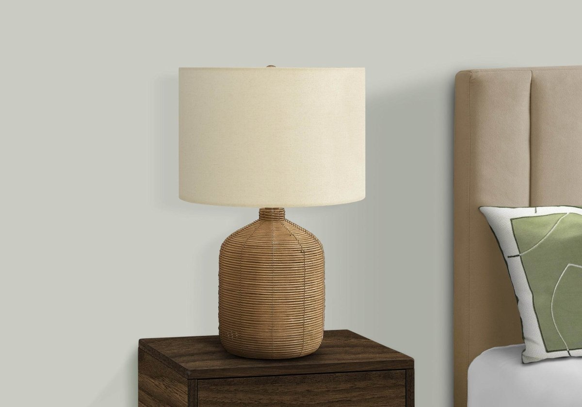 Brown Rattan Ginger Jar Table Lamp With Fabric Shade - Sleep Galleria