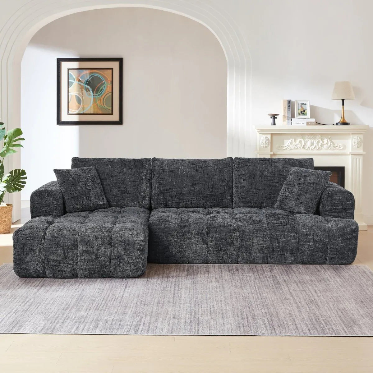 Chenille Dark Grey L-Shape Tufted Sectional Sofa - Omega Lifestyles