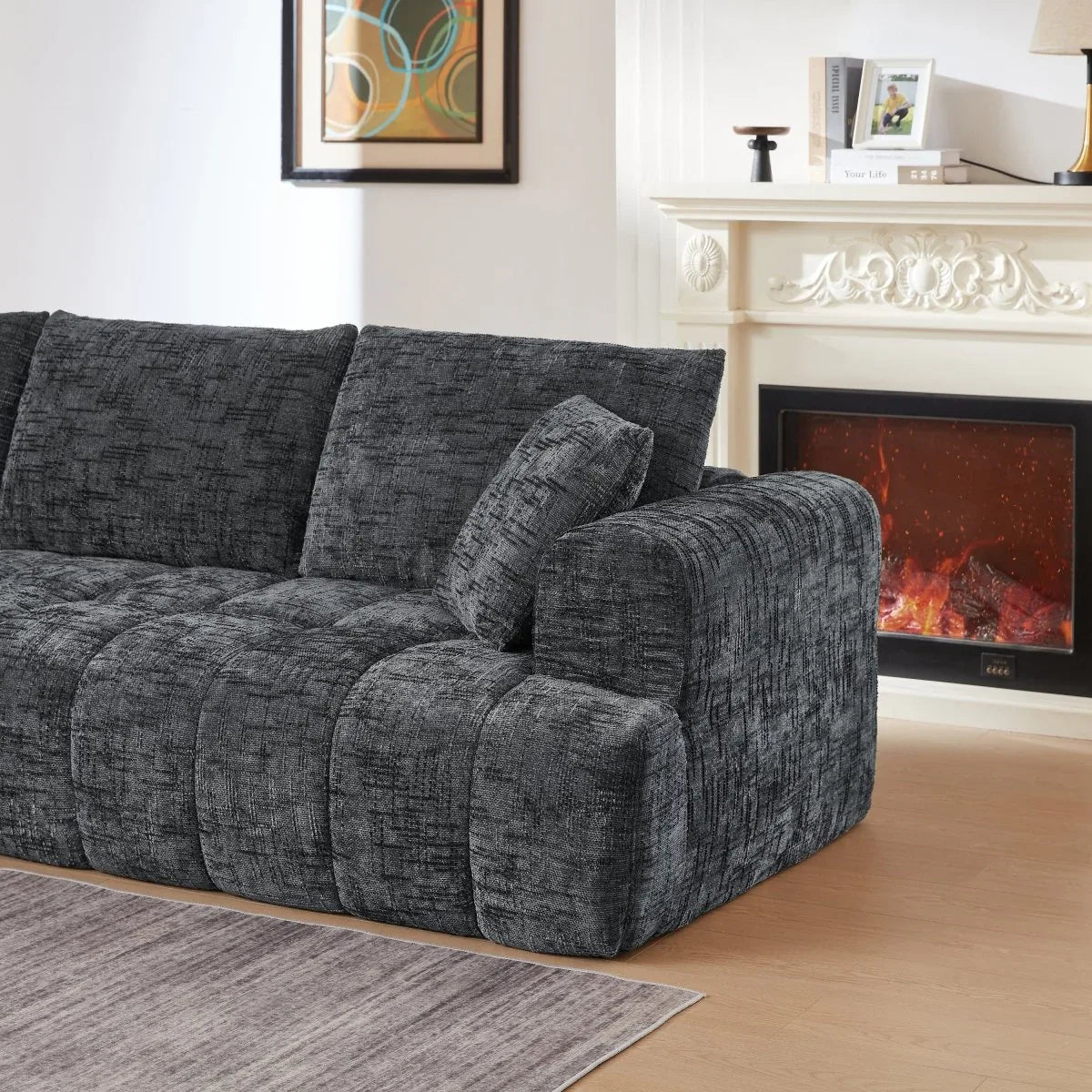 Chenille Dark Grey L-Shape Tufted Sectional Sofa - Omega Lifestyles