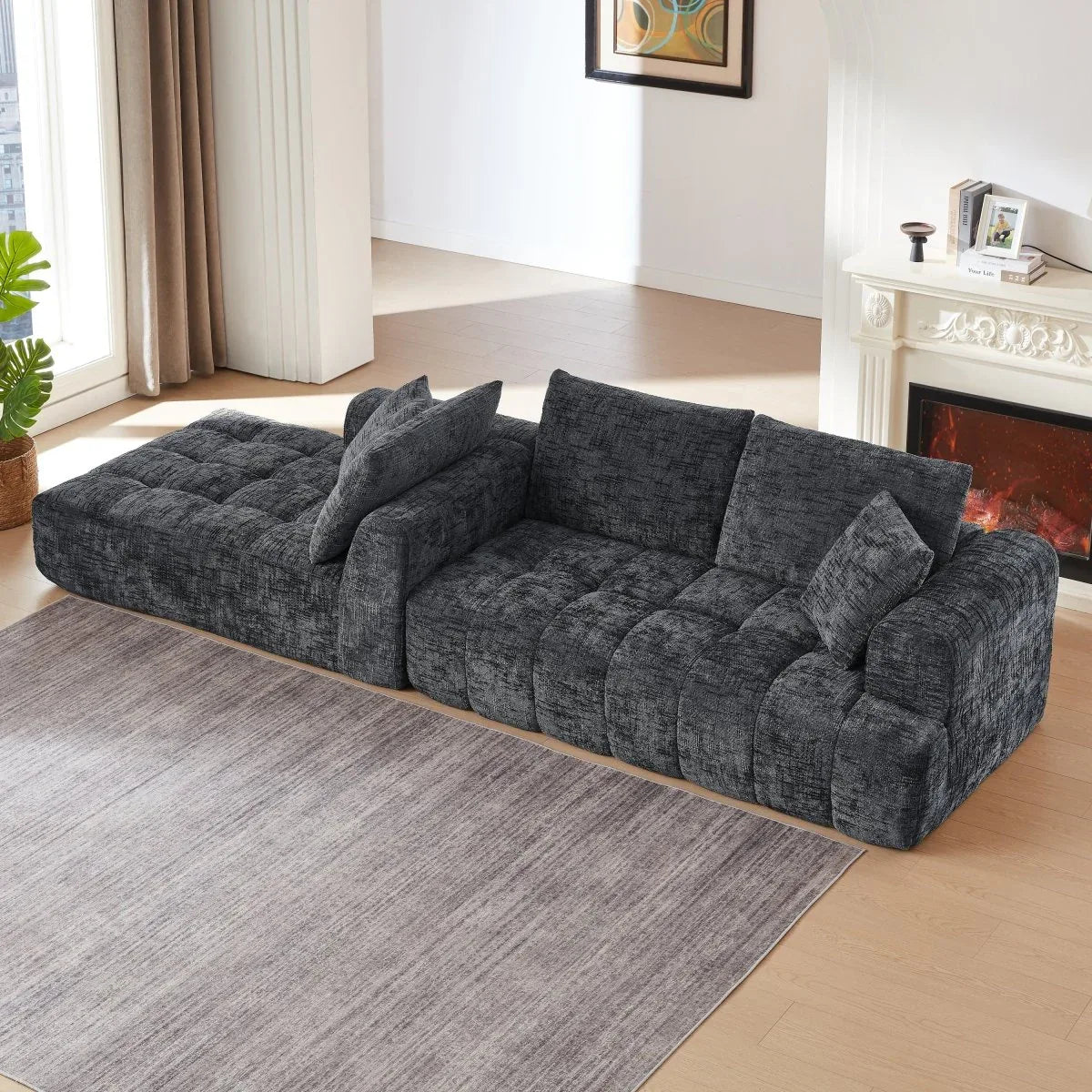 Chenille Dark Grey L-Shape Tufted Sectional Sofa - Omega Lifestyles